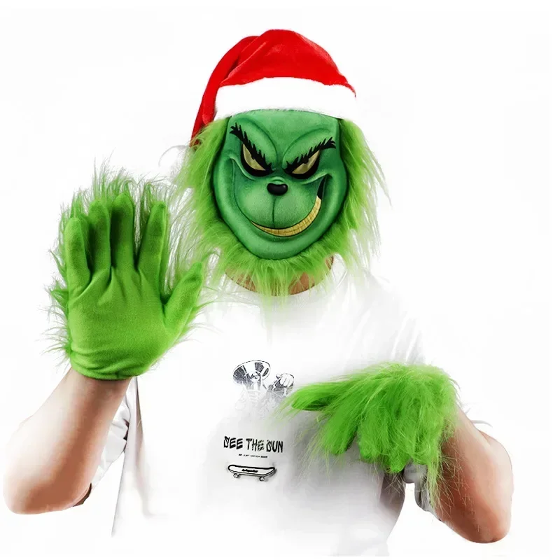 Neues Weihnachtsmasken-Handschuh-Set, Halloween-Kostüm, Party-Requisite, Dieb, roter Hut, grüne Maske, grüne Handschuhe