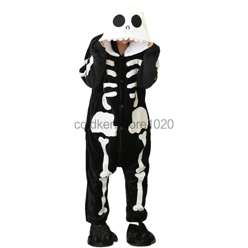 Cartoon Onepiece Skull Printed Hooded Pyjamas For Men Women Halloween Christmas Slumber Party Outfits Adult Anime Sleepwear Suit