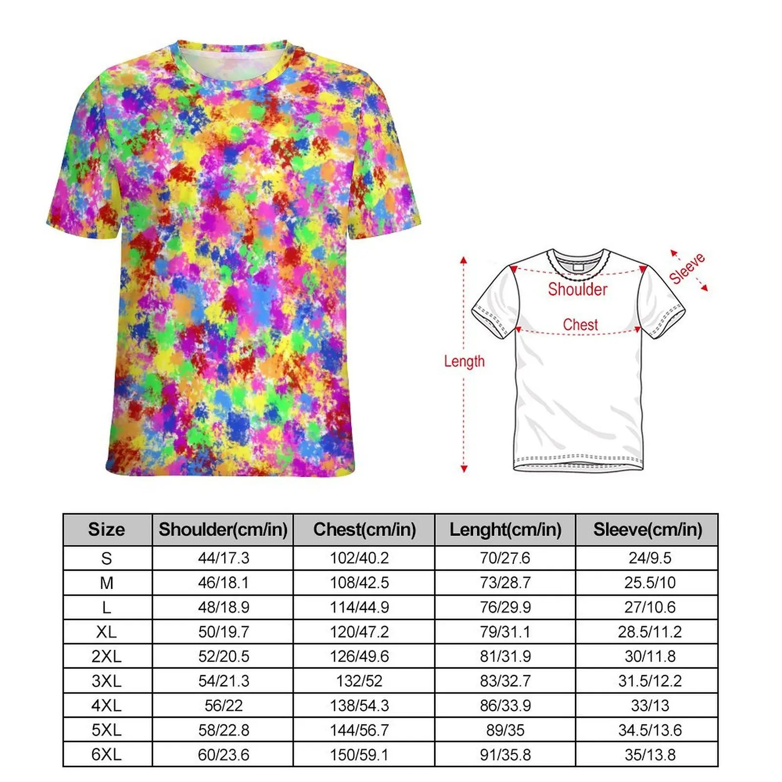 Trendy Neon Paint T Shirt Rainbow Splash Basic T-Shirts O-Neck Hip Hop Tee Shirt Summer Couple Graphic Clothes Large Size