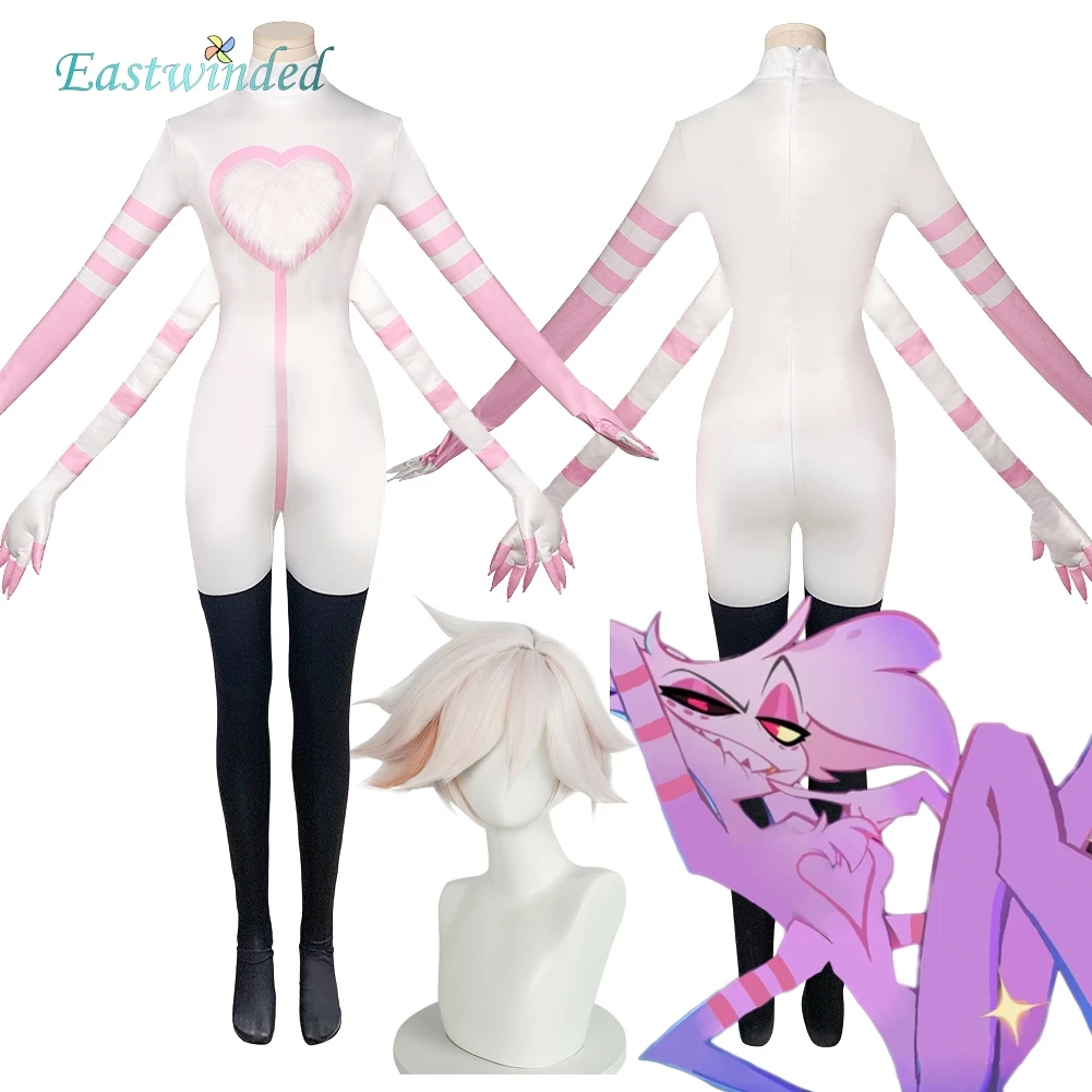 

TV Hell Inn Angel Dust Cosplay White Jumpsuit Pink Stripe Heart Wig Clothes Set Women Costume Outfits Halloween Carnival Adult