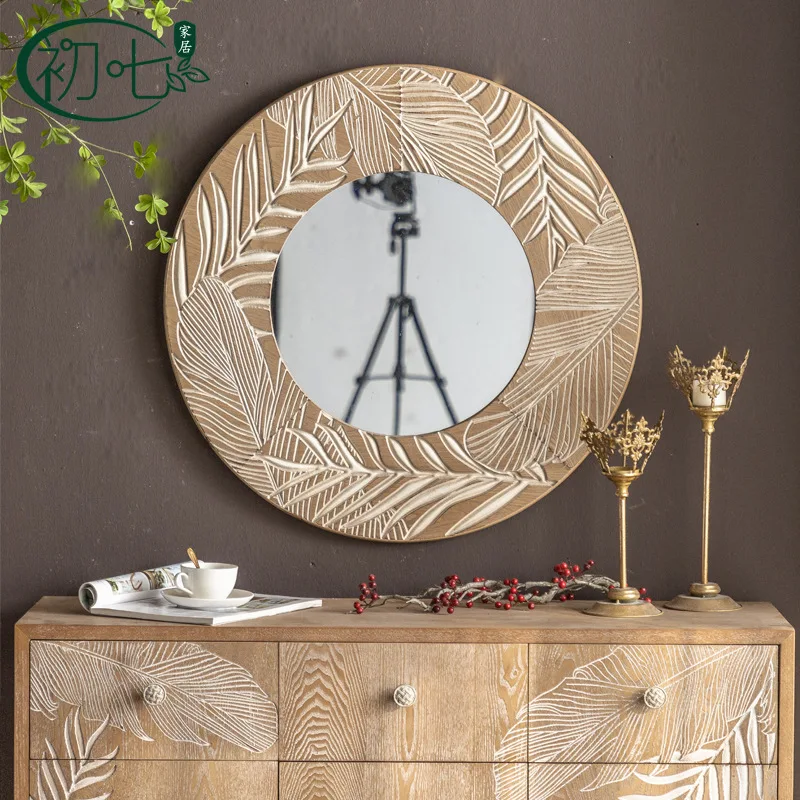 Vintage Carved Wall Mirror, Ornate Entryway Hanging Mirror for Bedroom Dressing, Decorative Makeup Mirror for Clothing Store