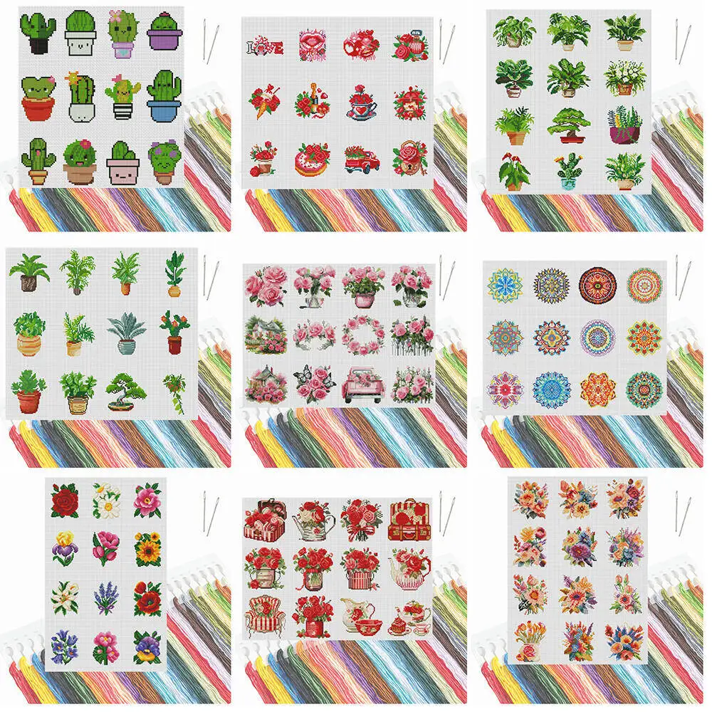 HUACAN 12pcs Mini Cross Stitch Embroidery Kit Flower Embroidery Kits Plant Handmade Gift Room Wall Decoration