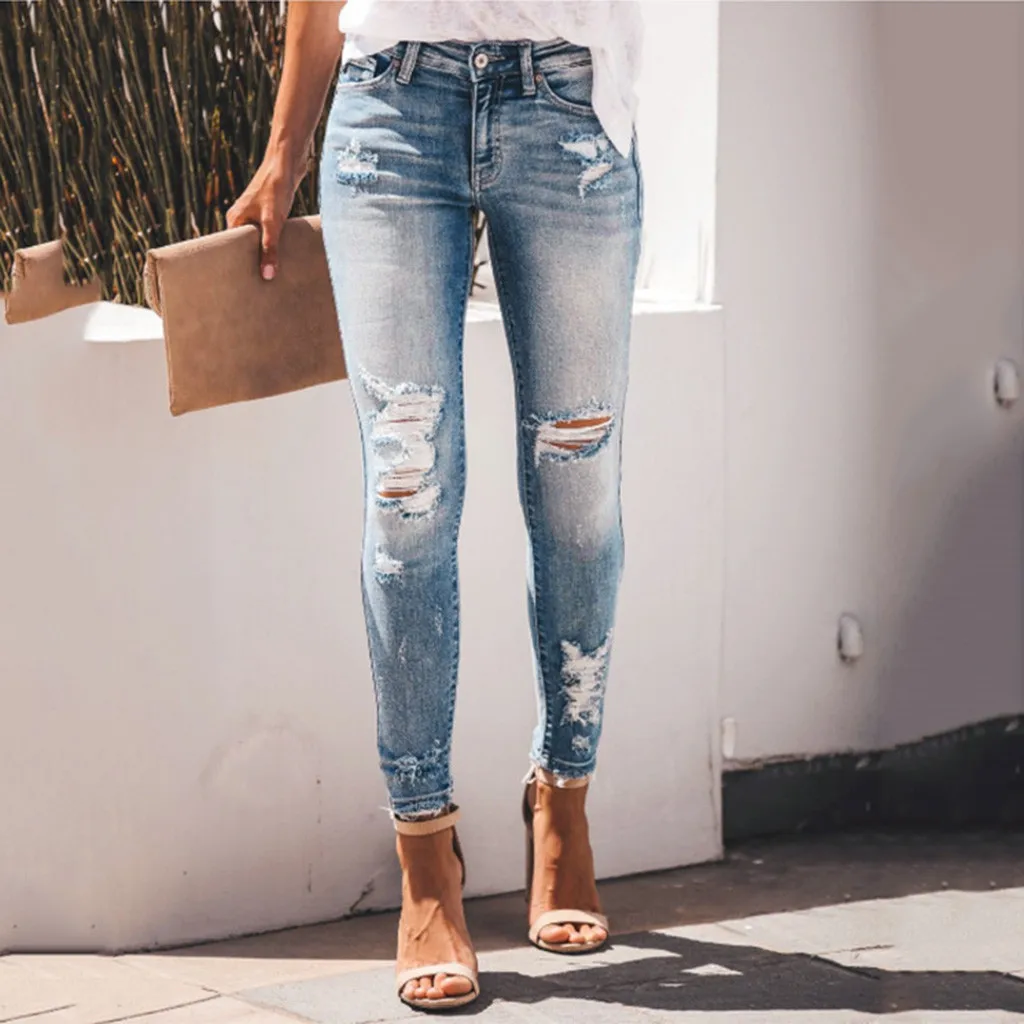 

Women Sexy High Waisted Pencil Jeans Casual Vintage Slim Denim Pants Streetwear Fashion Ripped Hollow Out Skinny Trouser