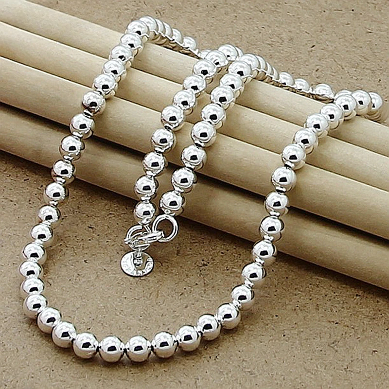 JewelryTop 925 Sterling Silver 6mm gładkie koraliki łańcuszek z kulkami naszyjnik dla kobiet modna biżuteria ślubna zaręczynowa 45CM