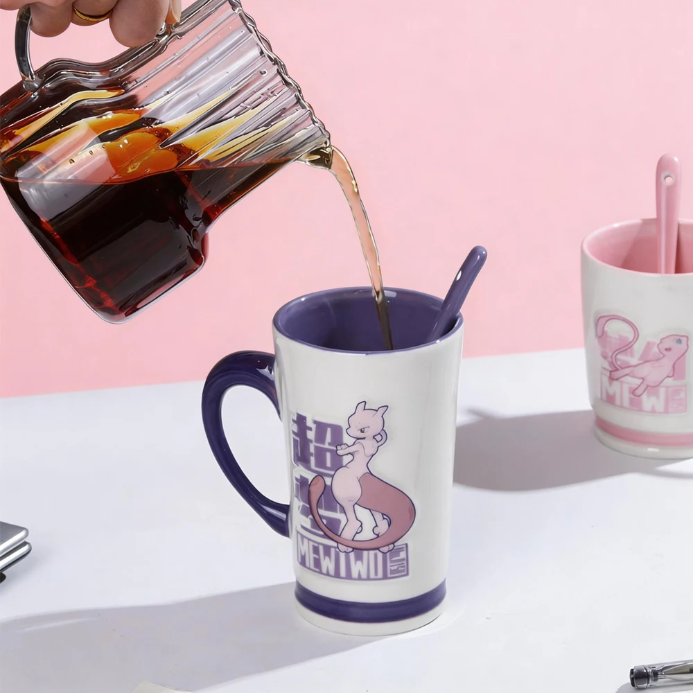 SHUNXIANG Pokemon Mewtwo Ceramic Mug Set Coffee Cups Ceramic Mugs With Spoon With Gift Box Kawaii Breakfast Milk Juice Cup Gifts