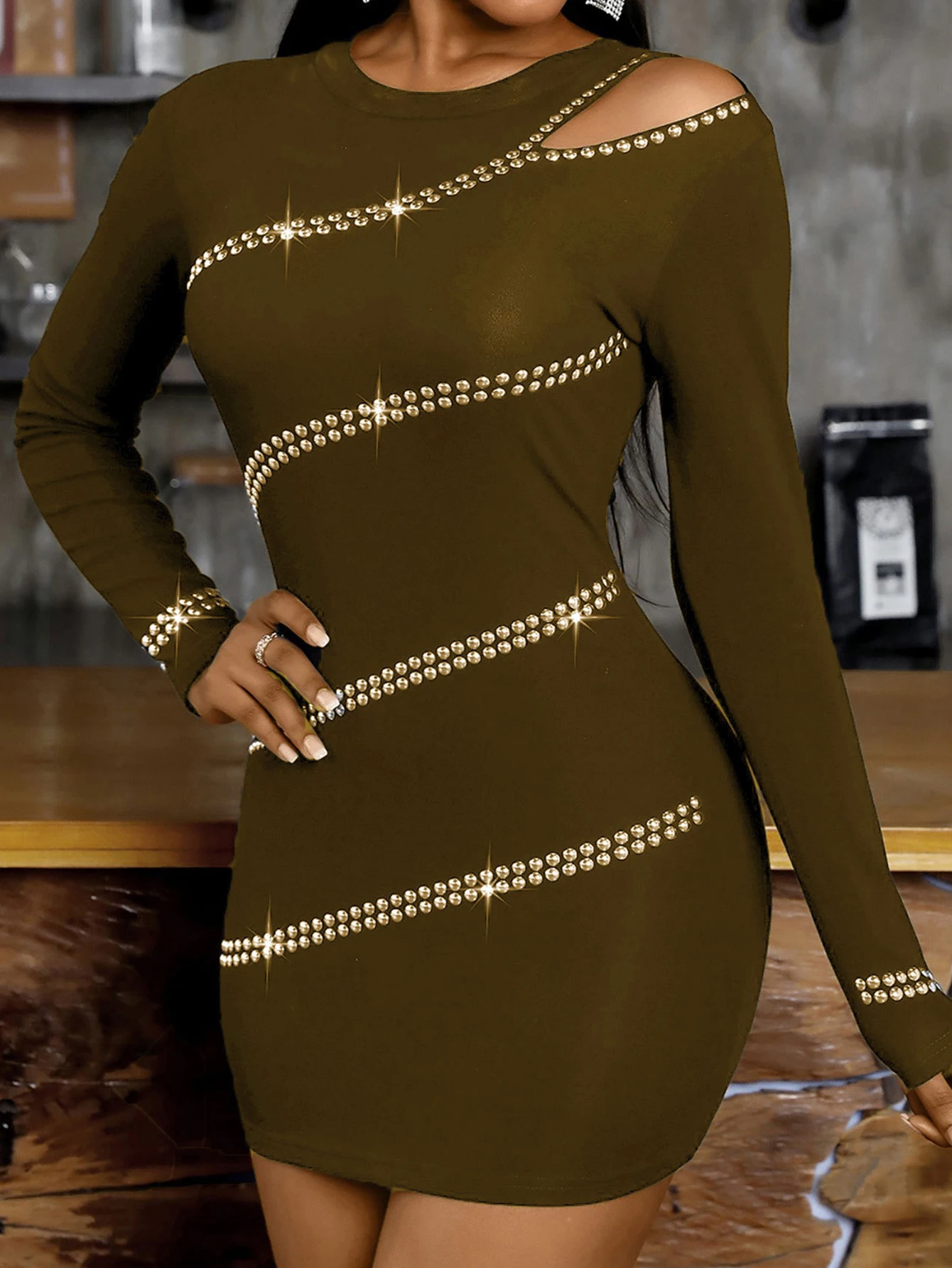 Women's Elegant Long Sleeve Crew Neck Diamond Cut-Out Slim Dress Autumn Fashion Plain Dress