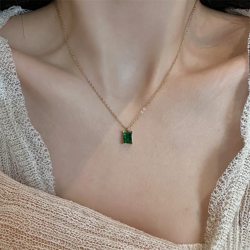 Good Quality Square Zircon Necklace 18K Gold Plated Red/Green Cubic CZ Pendant Colorful Minimalist Stainless Steel Neck Jewelry image 4
