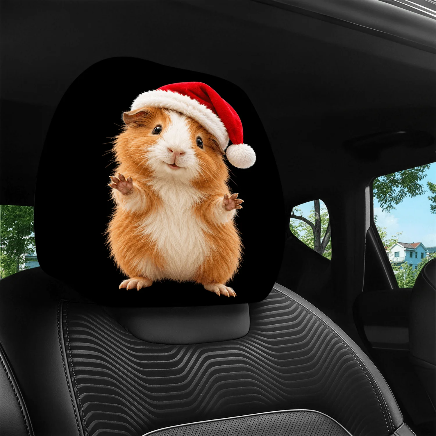 2pcs Cute Guinea Pig Santa Hat Car Headrest Covers Universal Elastic Fit Festive Car Interior Decor