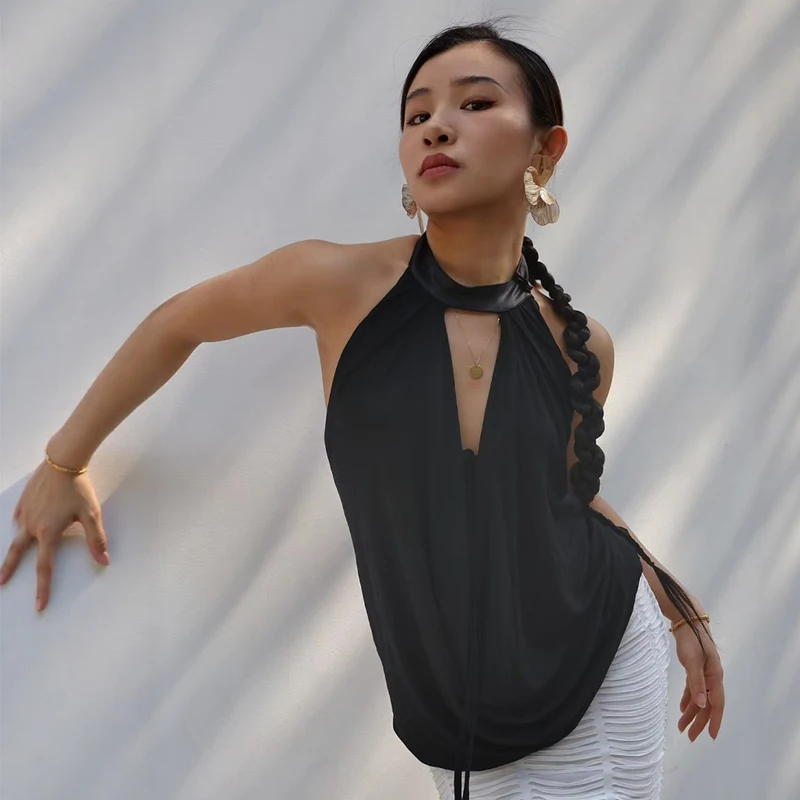 

Black Latin Dance Tops Sexy Halter Ballroom Dance Top Women'S Rumba Smaba Latin Dance Costume Adults Practice Wear SL13160