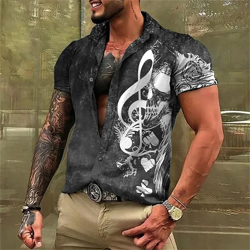 Nota musical crânio impressão 3d camisas de praia das mulheres dos homens moda casual vintage streetwear camisa de manga curta topos blusa homem roupas