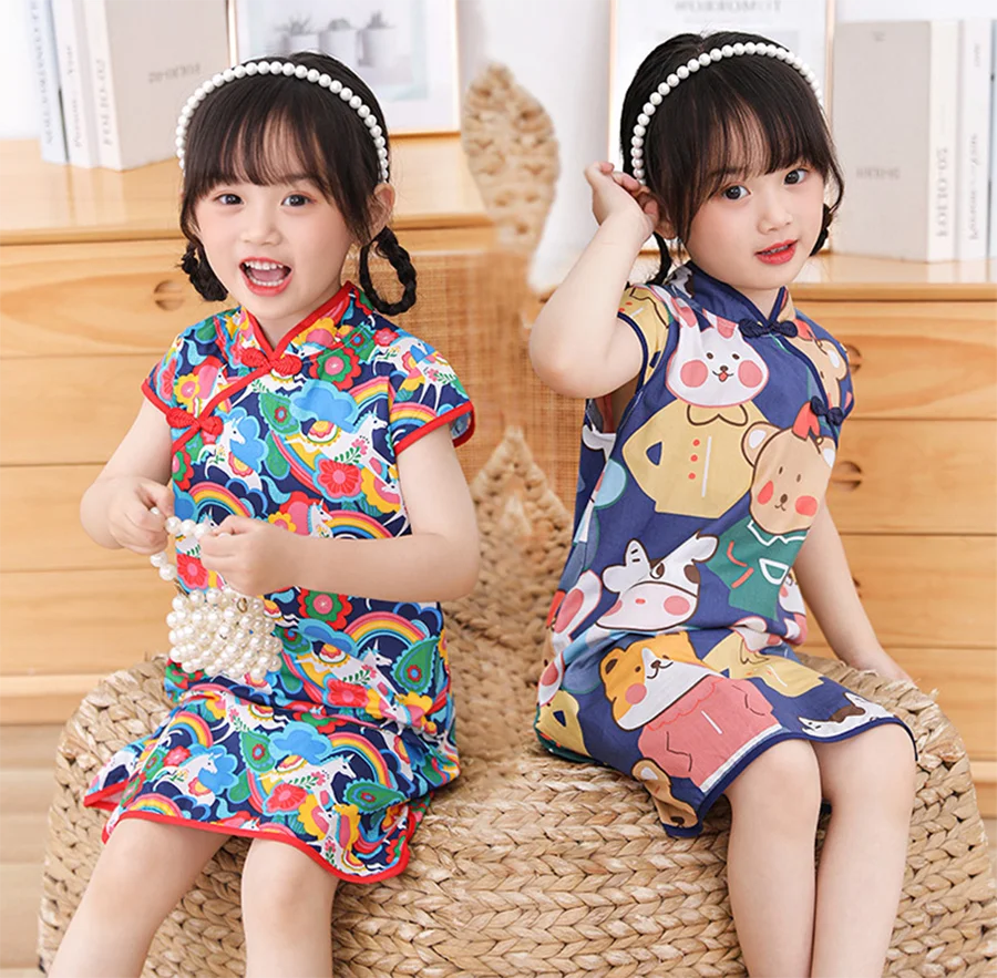 Modetrend Sommer Kinder Cheong sam Prinzessin Kleid Mädchen Kleidung Kinder Cartoon gedruckt chinesischen Stil Qipao niedlich schön