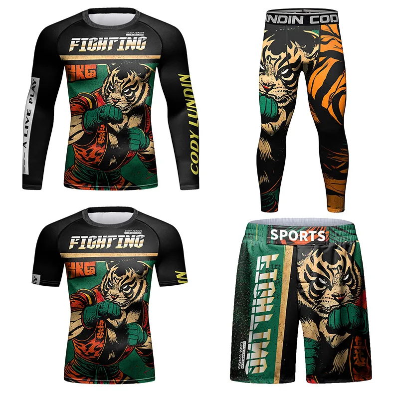 

New Boxing Rashguard For Men MMAT Shirt+Pant Suit BJJ Rash Guard Jerseys Muay Thai Compression Shirt Shorts Kickboxing Sportwear