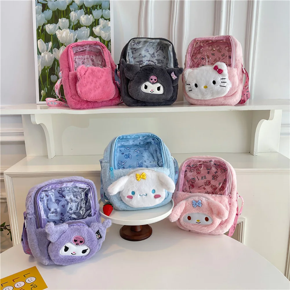 

Sanrio Plush Shoulder Bags Children's Transparent Messenger Bags Kawaii Outdoor Satchel Female Cute Cartoon Backpacks Handbags