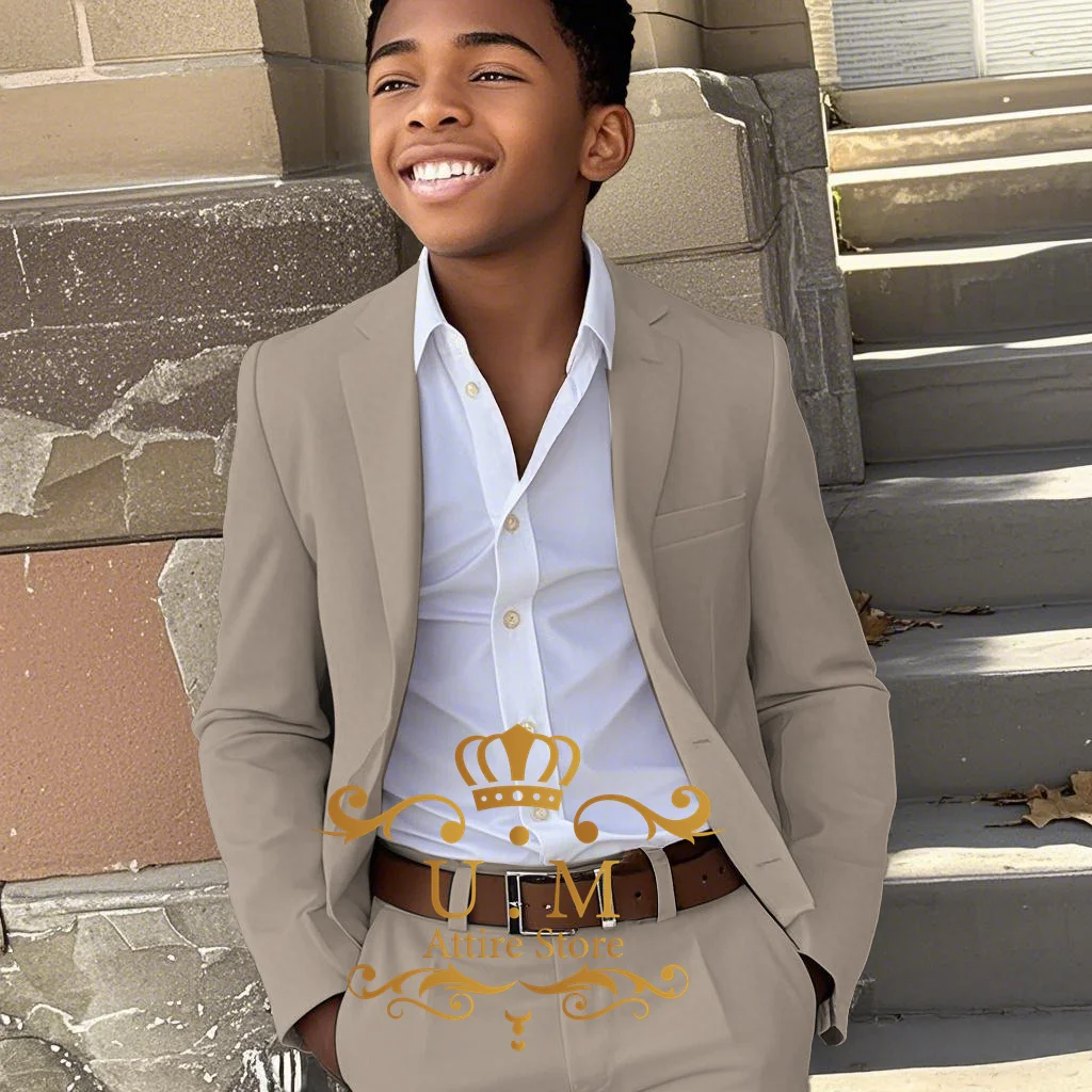 Beige boy suit 2 pcs jacket pants set notch lapel slim fit blazer for 2-16T kids wedding cocktail summer camp beach party gifts
