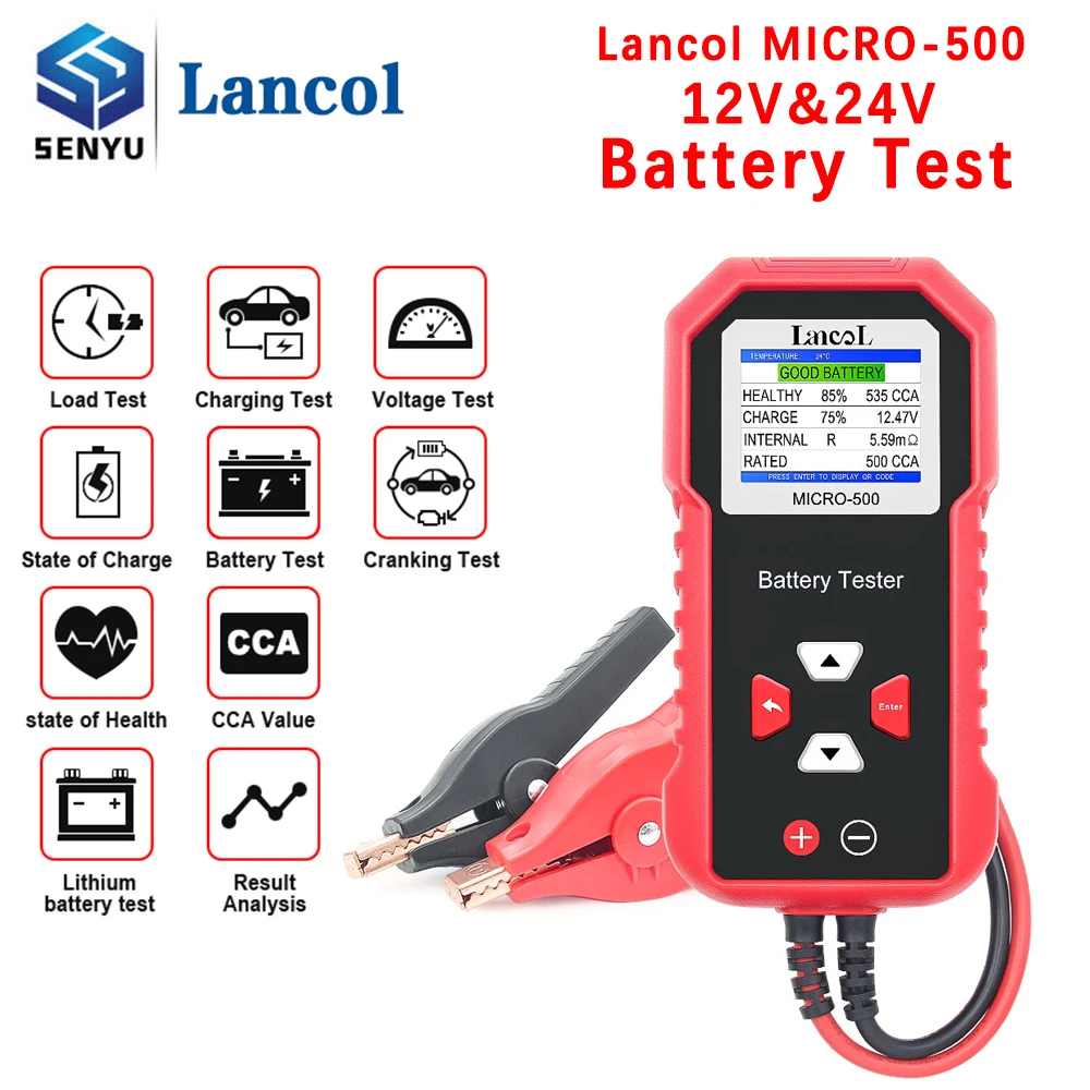 12V 24V Car Battery Tester 40-3000 CCA Cranking Charging Lead Acid Battery Capacity Analyzer Tool Lancol Micro 500 with QR Code