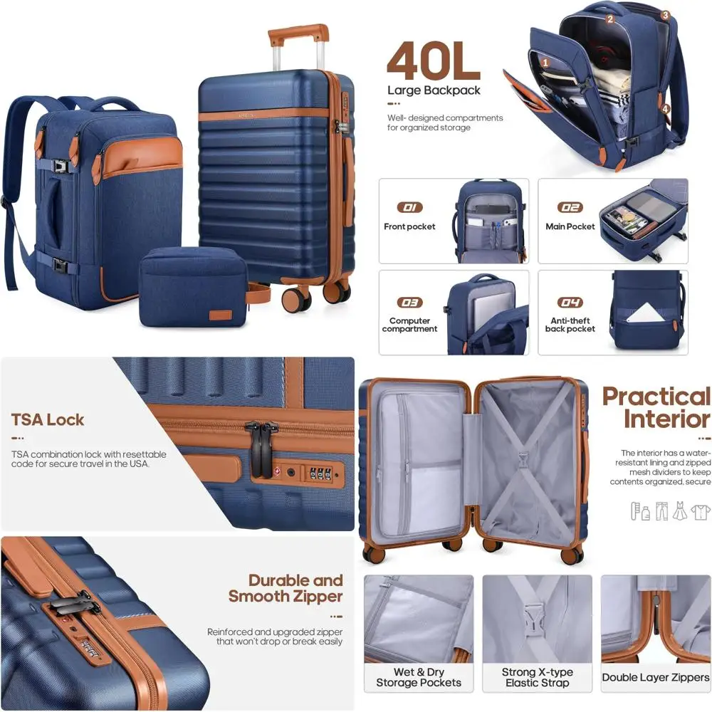 

Набор чемоданов с твердым спиннером из 3 предметов, 20 чемоданов с замком TSA для ручной клади, прочные дорожные аксессуары