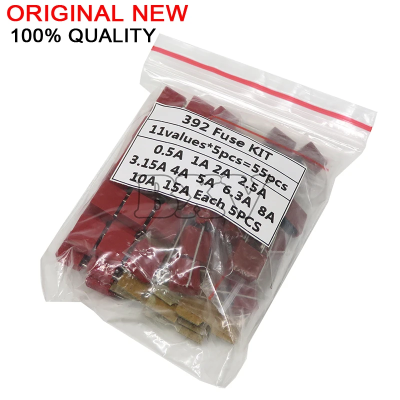 

55 шт./компл. набор квадратных пластиковых предохранителей 392 0,5A 1A 2A 2,5A 3,15A 4A 5A 6,3A 8A 10A 15A 250V Набор предохранителей для трубки с медленным выдувом