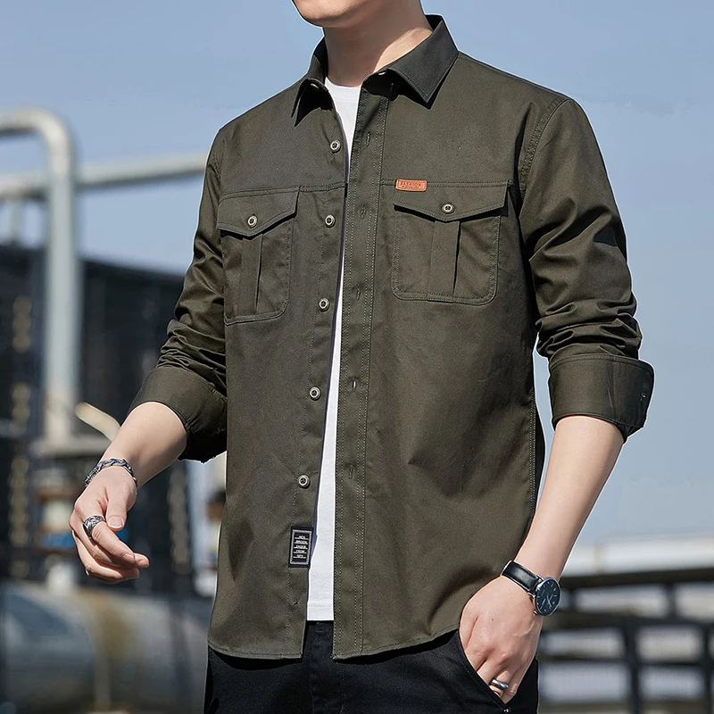 

High Quality 100% Cotton Khaki Men's Long Sleeved Shirt Pocket Retro Lapel Solid Color Work Shirts Workwear Coat Spring Summer