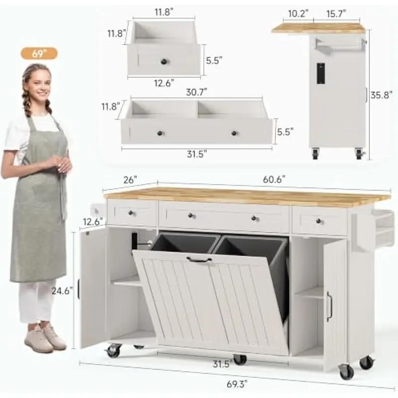 69-inch Mobile Kitchen Island with Dual Compartment Waste Storage Dry Wet Separation Adjustable Shelves Solid Wood Top Expandabl