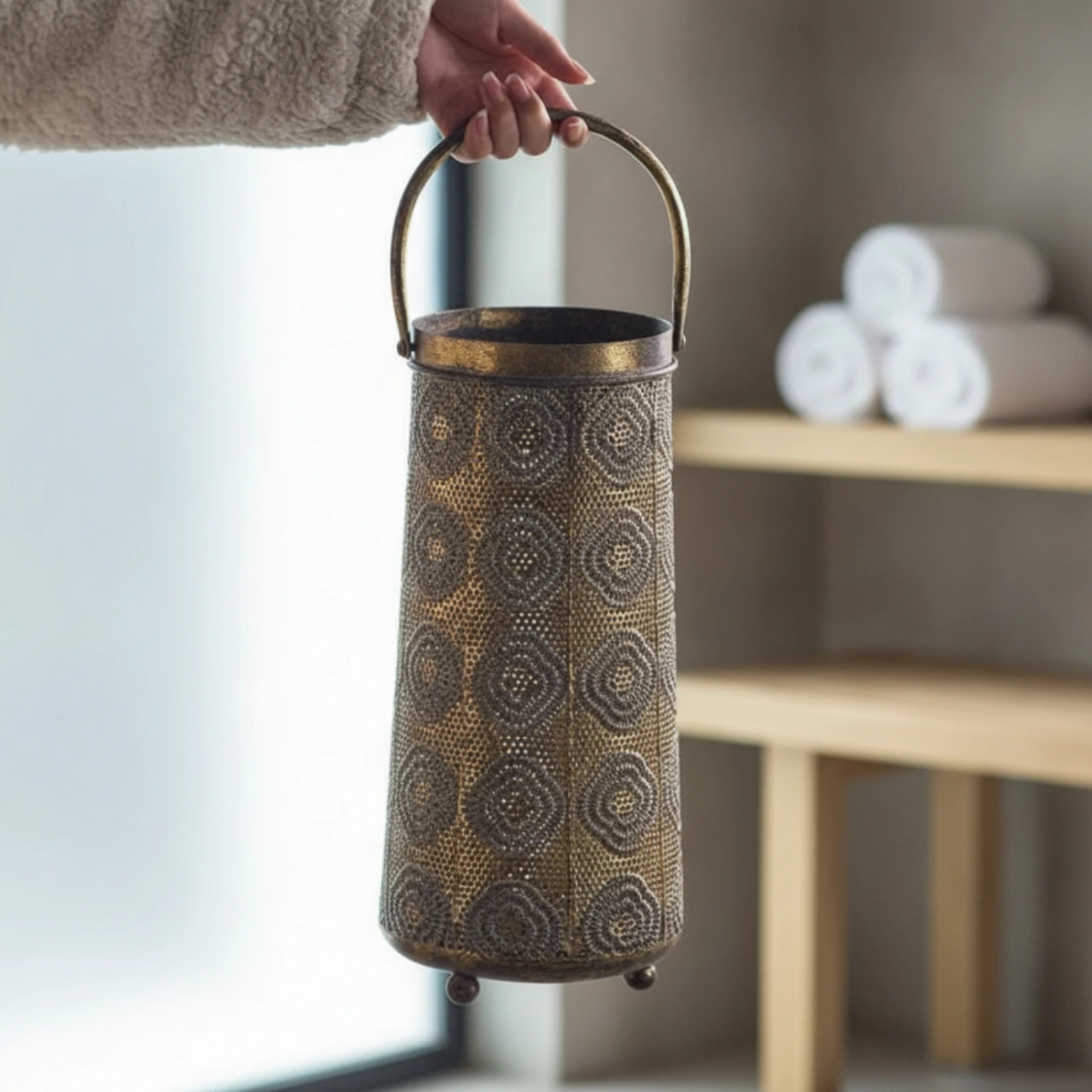 Fotografia 4: Lanterna de Metal com Alça, Lanterna Decorativa Rústica para Mesa e Prateleira
