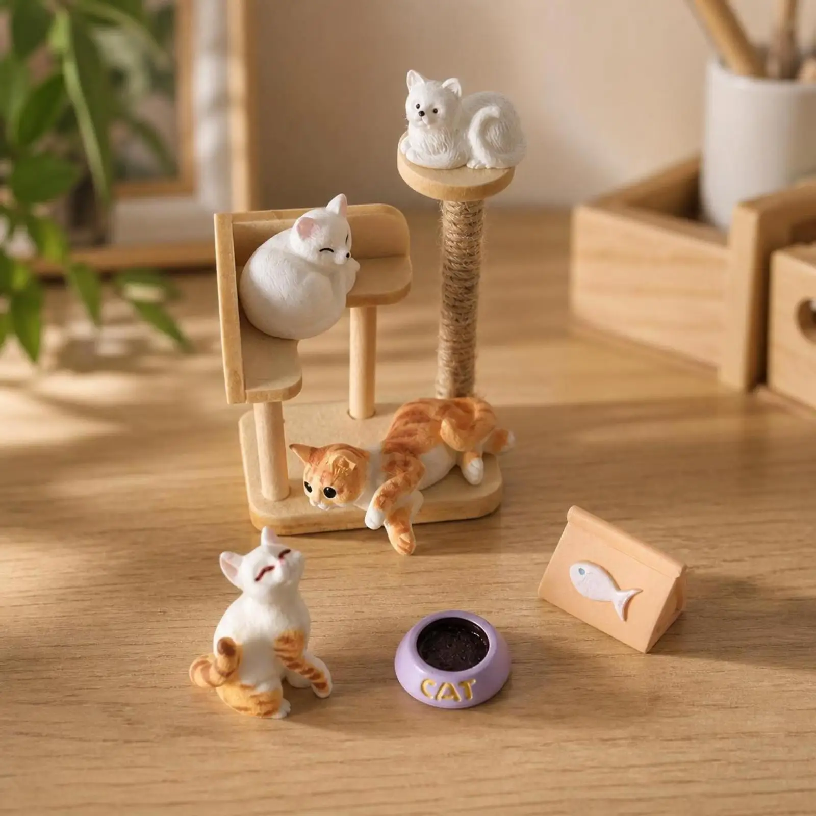 Dollhouse Cat Shelf Playset Miniature Kit with Rope Scratching Post Resin Cat Figures for 1