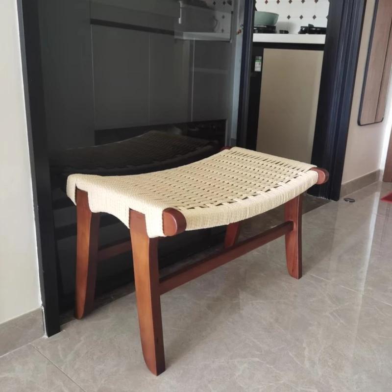 Solid Wood Rattan Low Stool Living Room Entryway Woven Footstool Japanese Style Minimalist Shoe Chair for Hallway Home Furniture