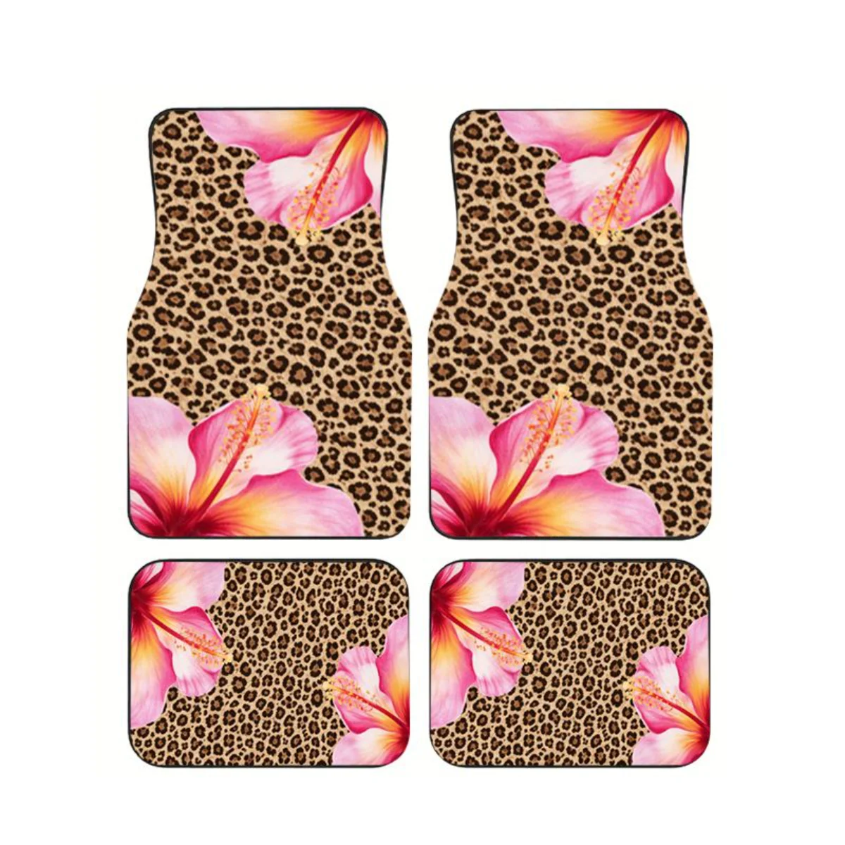 

Leopard Print Pink Hibiscus Flower Combo Car Floor Mats 4PCS Universal Fit Waterproof Non Slip Auto Foot Pad Accessories For SUV