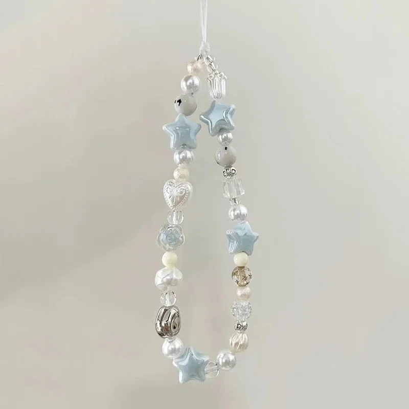 

Blue Star Pearl Beads Phone Chain Trendy Pendant For iPhone Universal Accessories Lanyard Hanging Rope For Girl Pendant Fresh