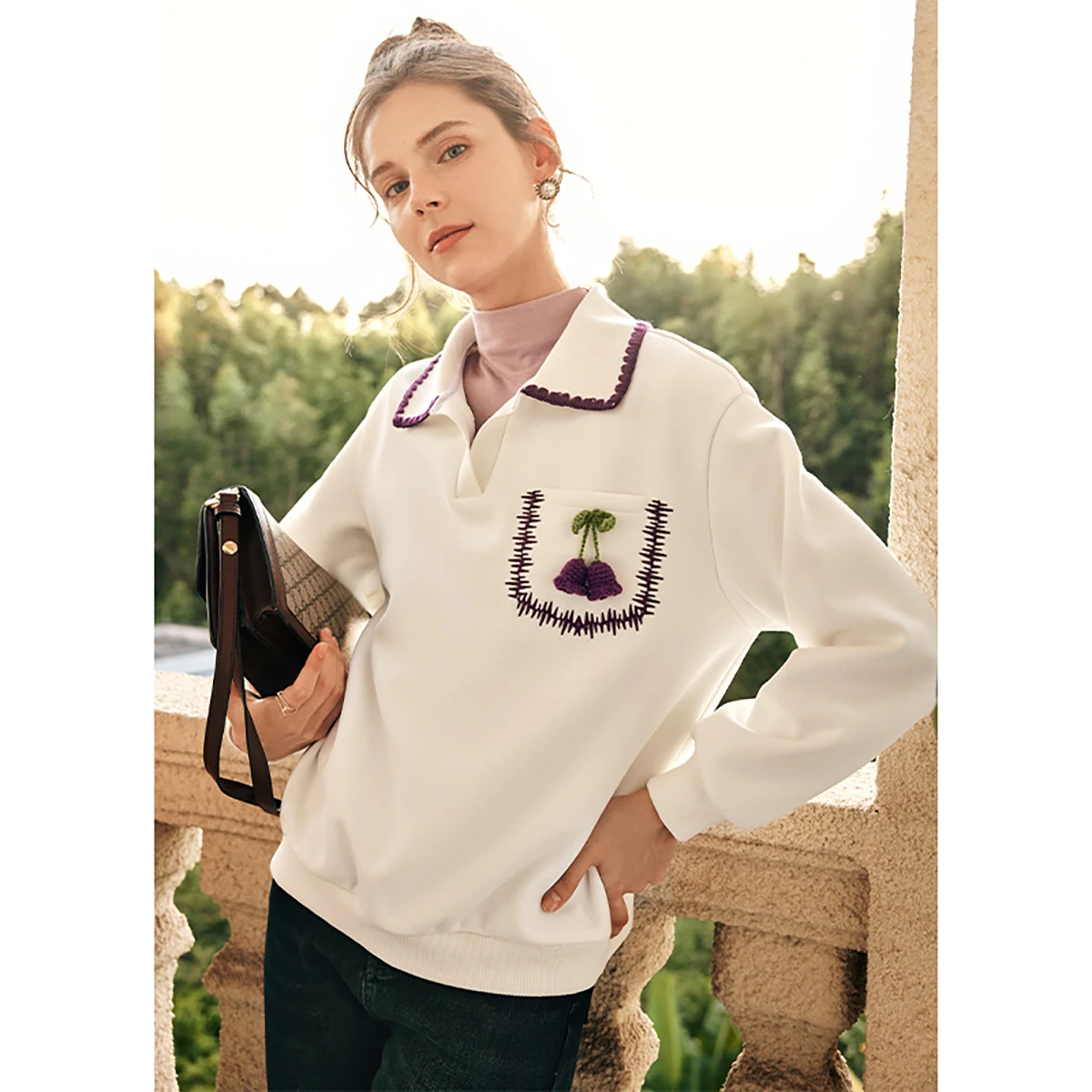 OLrain French Polo Neck Sweatshirts for Woman 2025 Autumn Winter Solid Long Sleeve Sweater Elegant Embroidered Tops O22DR68103