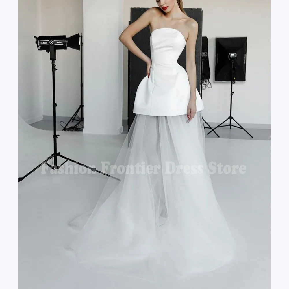 

White Elegant Prom Dresses Fashion Strapless Sleeveless Floor Length Tulle A-Line Dress Special Occasions Evening Party Gowns