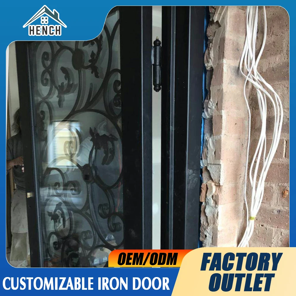 Eyebrow Exterior Metal Steel Wrought Iron Door with Double Frosted Glass
