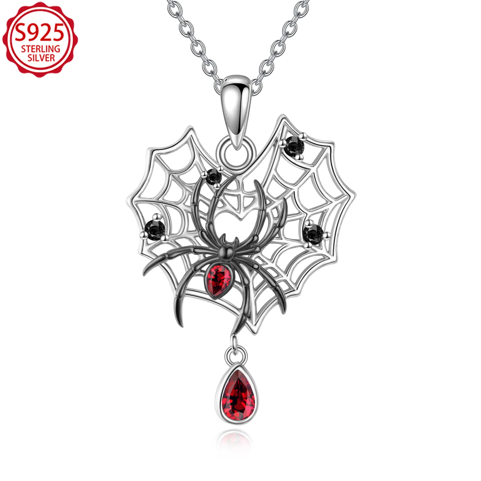 

Ожерелье с подвеской в виде паутины из стерлингового серебра 925 пробы с красным и черным фианитом, готические украшения для Хэллоуина, подарок на день рождения для женщин