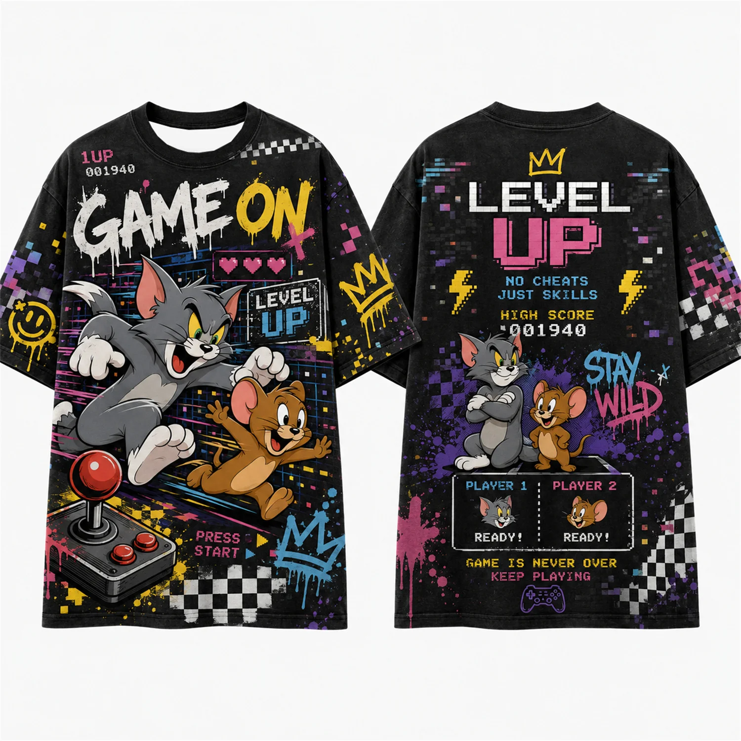 Skateboard Tom And Jerry Graffiti Print Loose Short Sleeve T Shirt For Men Women Fans Soft Cotton Street Hip Hop Casual Daily We view 5