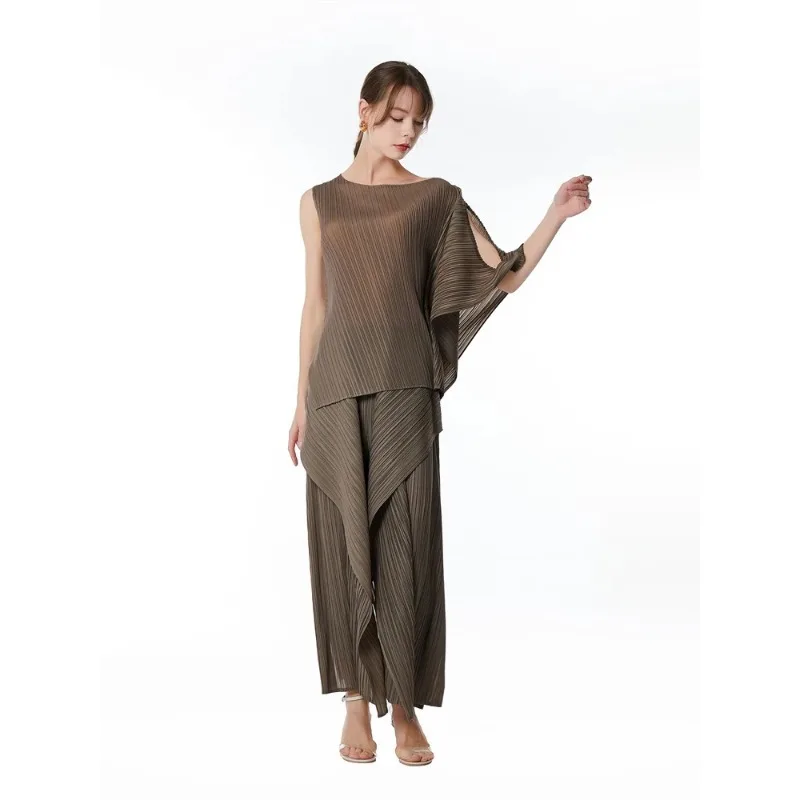 GGHK Pleated Two Piece Sleeveless Top Casual Wide Leg Pants Women 2024 Summer New Designer Fashion Loose Plus Size Pant Set