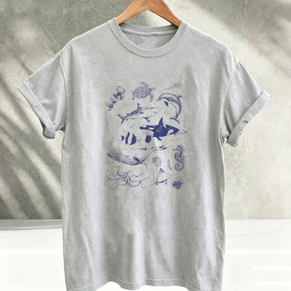 Vintage Sketch Ocean Sea Creatures Collage Graphic T‑Shirt Marine Animals Shark Whale Turtle Dolphin Octopus Print Cotton Tees