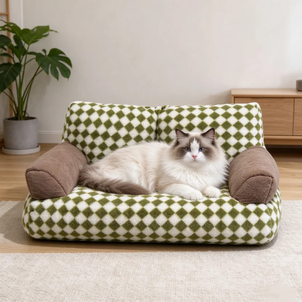Retro Plaid Pet Sofa Bed Removable Washable Pet Bed Winter Plush Bed For Small Dogs Non Slip Bottom Cat Bed with Backrest Indoor