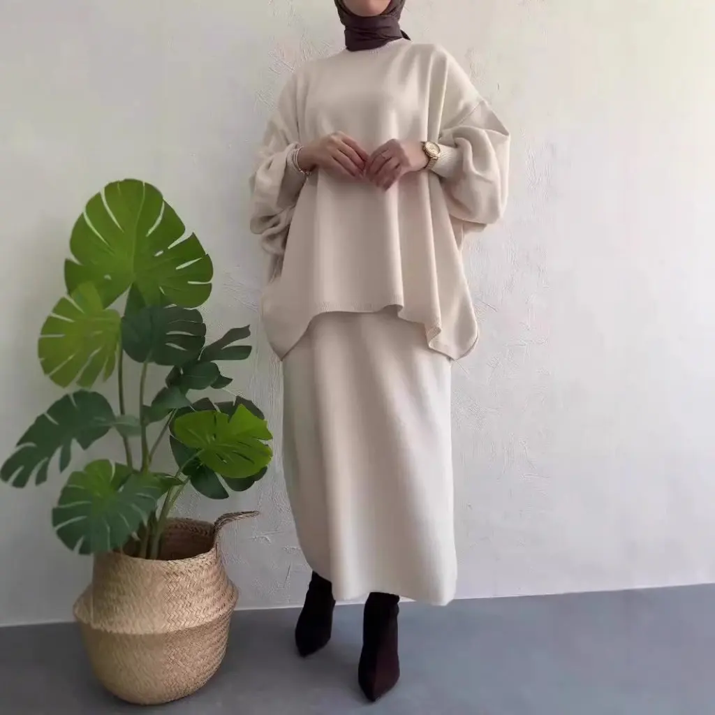 

Women's Fashion Casual Loose Warm Knitted Crew Neck Sweater Skirt Suit Autumn Winter New Clothing