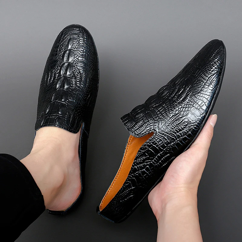 Fashion Crocodile Pattern Men Half Loafers Leather Slippers Comfort Loafer Slides Breathable Mules Man Outdoor Lightweight Shoes