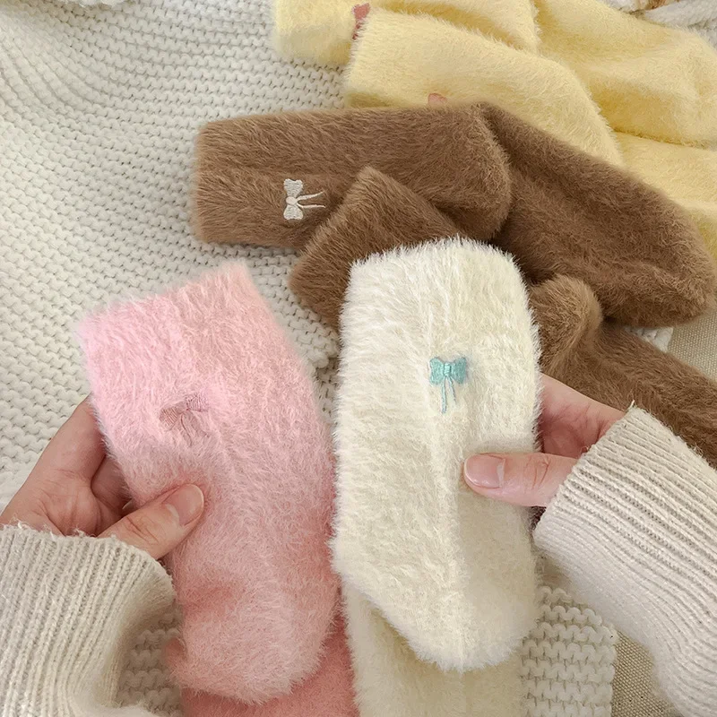 Embroidery Bow Plush Women Socks Winter Warm Sleep Mink Fur Floor Socks Girls Mid Tube Stockings Indoor Thermal Slipper Footwear