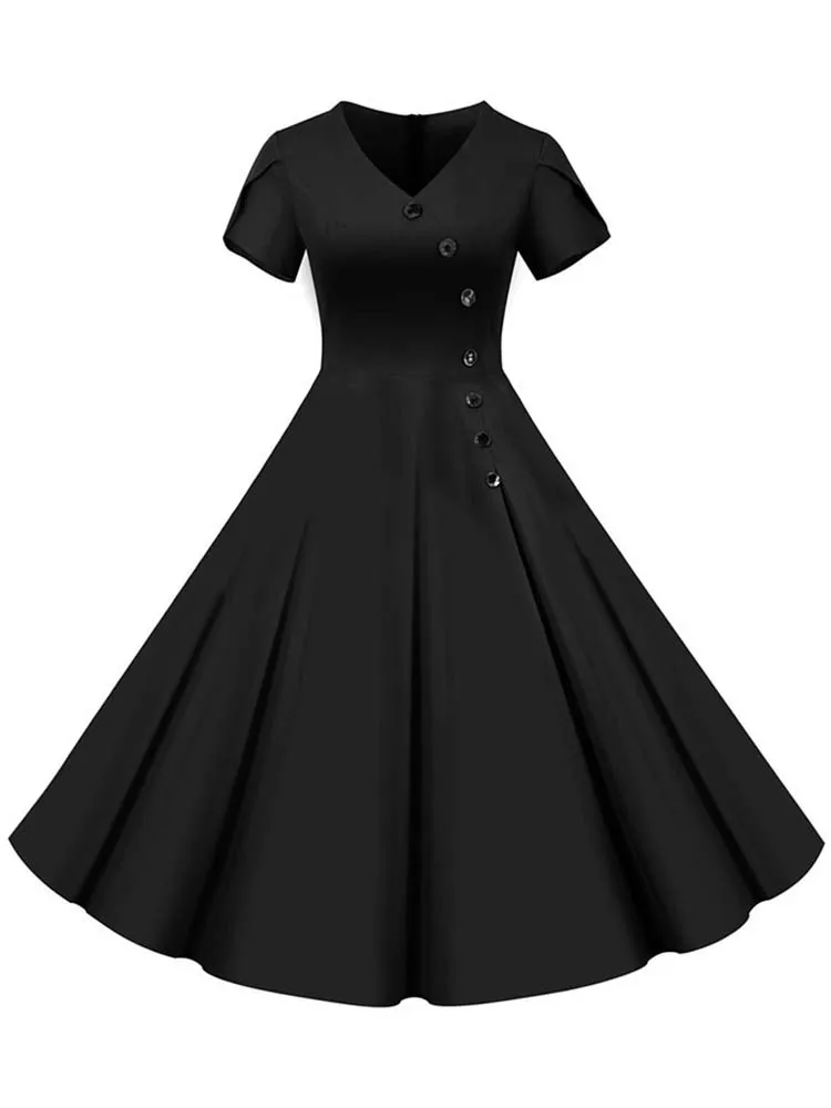 Women\'s Solid Color V-Neck Midi Dress Casual Vintage Retro Party Sundress Elegant Summer Robe