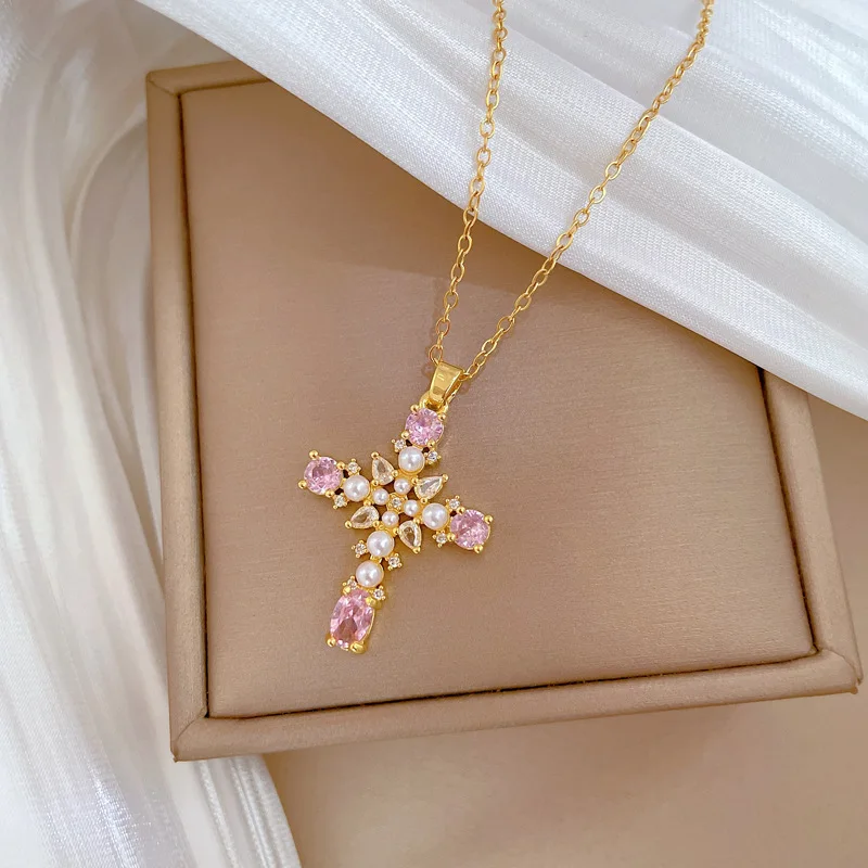 Classic Personalized Micro-encrusted Charm Pearl Cross Necklace Fine Girl Hundred Starburst Stainless Steel Personalized Gift