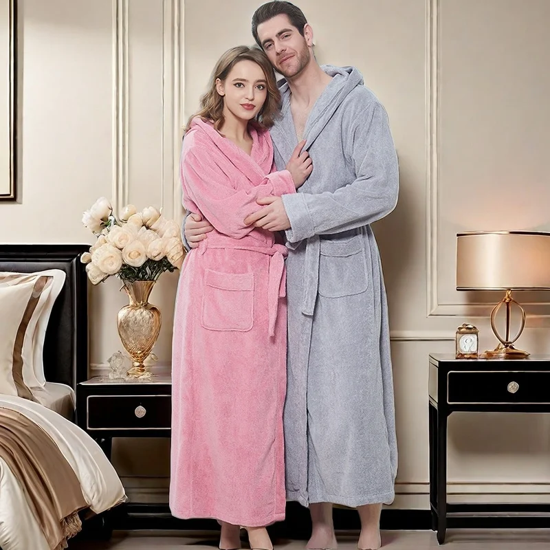 Unisex Nightgown V Neck Lace-up Waist Loose Long Sleeve Solid Color Sleepwear Towel Bathrobe Hotel Dressing Gown Shower Gown