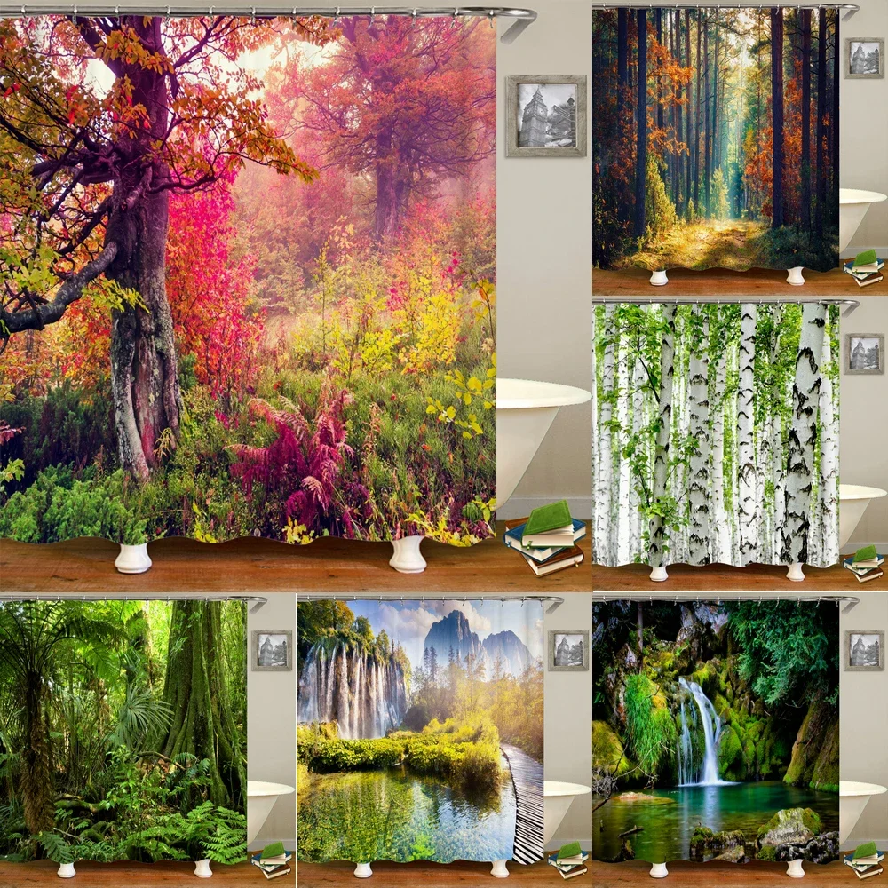 3D Natur Wald Bäume Landschaft Badezimmer Duschvorhang Home Decor Vorhang Stoff Wasserdichter Duschvorhang mit Haken 180x200