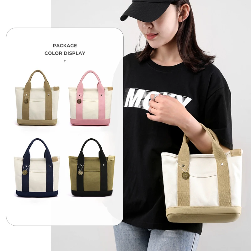 Canvas Tote Bag Portable Large Capacity Leisure Lunch Bento Bucket Bag Multi-divided Handbag