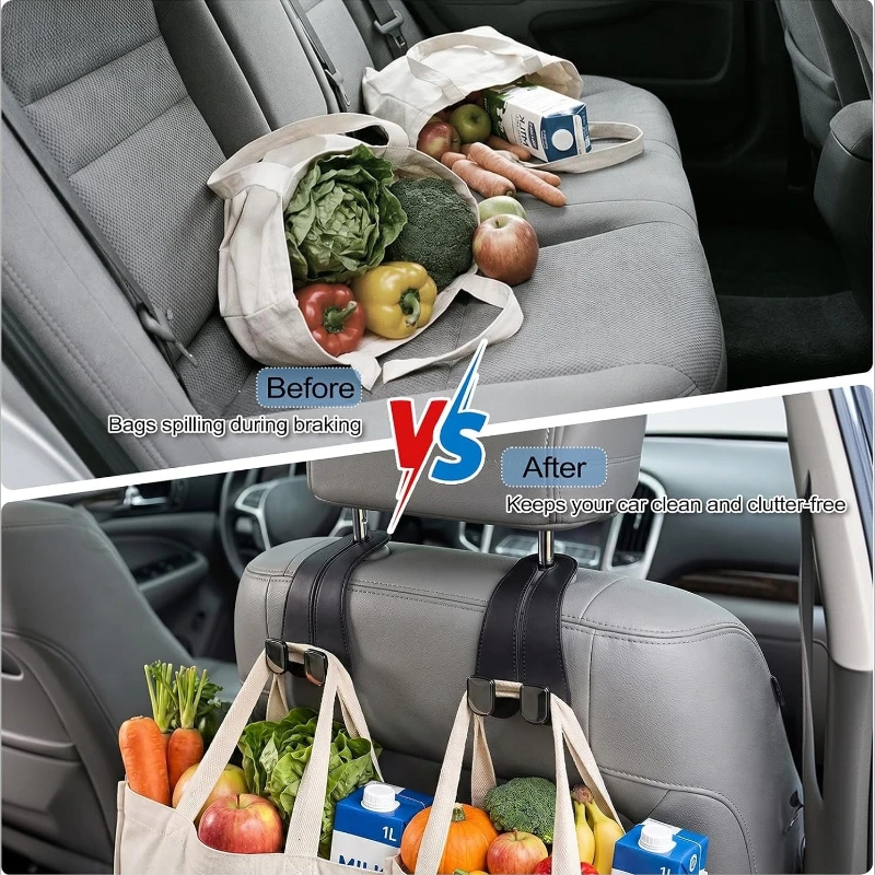 2-in-1 Auto-Kopfstützenhaken Universelle Doppelhaken-Aufhänger für Handtaschen, Lebensmittelflaschen, Auto-Innenraum-Organizer – Detail 5