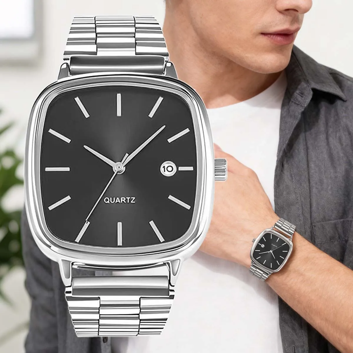 Vintage Alloy Band Men Watch Square Black Dial Business Fashion Male Quartz Wristwatch