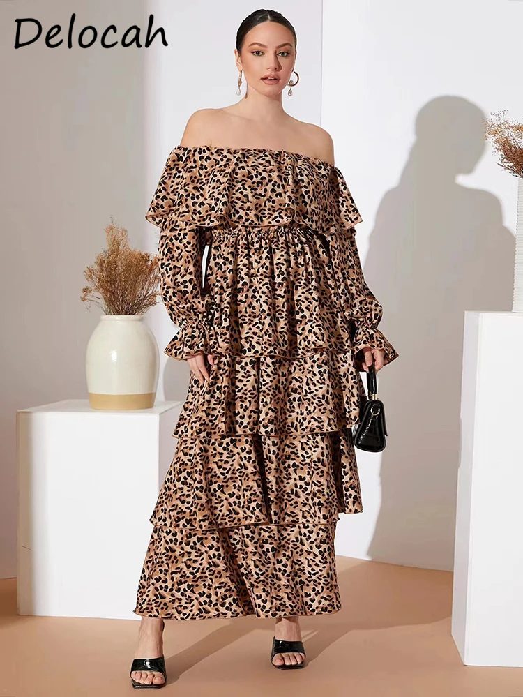 

Delocah High Quality Summer Women Fashion Designer Holiday Party Long Dress Sexy Slash neck Leopard Ruffle Trim Hem Cake Dresses