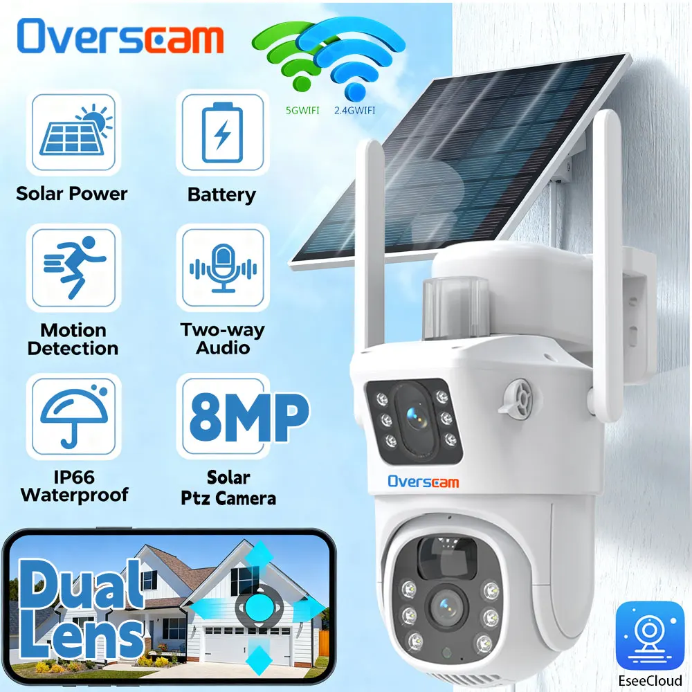 8MP 4K 5G & 2.4GHZ واي فاي كاميرا شبكة مراقبة أمنية ملونة عدسة مزدوجة تعمل بالطاقة الشمسية بطارية CCTV إنذار كشف الإنسان كاميرا IP