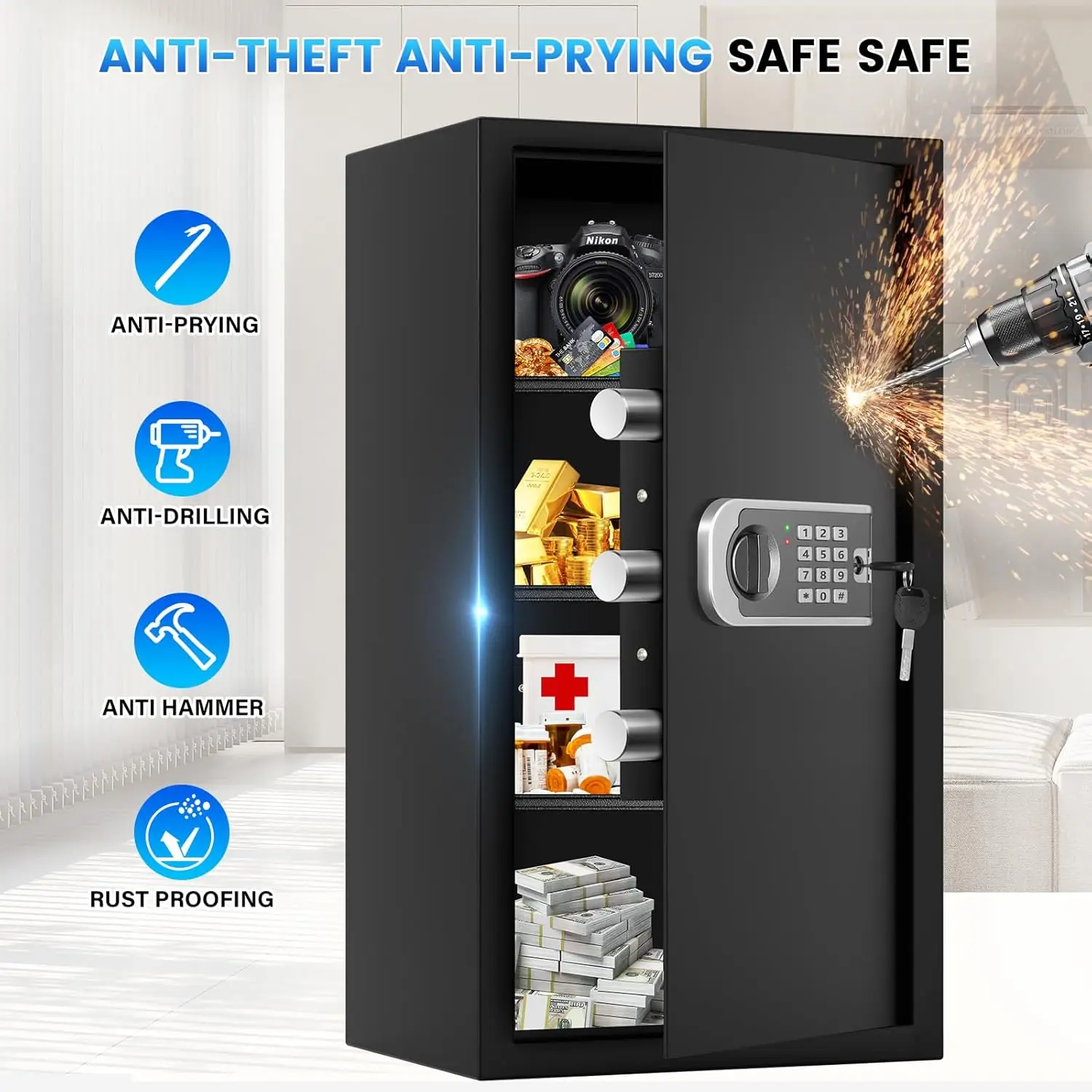 6.0 Cuft Large Fireproof Safe Box, Home Safes Water and Fireproof, Digital Security Safes with Programmable Keypad Keys, Smart A
