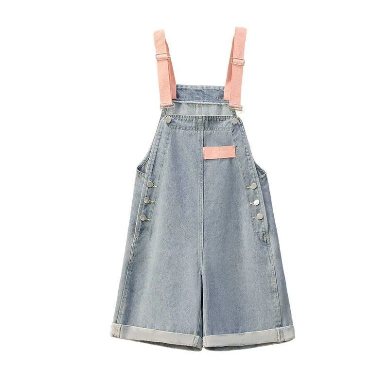 2024 Women\'s Autumn New Fashion Short Sleeved Top+Denim Strap Pants Two Piece Suit Korean Elegant Cowboy Shorts Matching Set